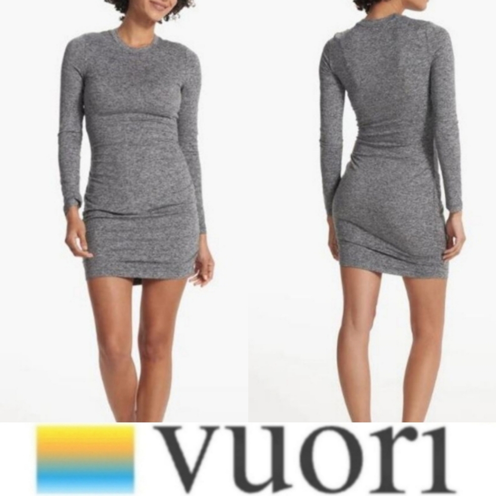 Vuori Women's Long Sleeve Halo Essential Dress NWT Ruching Casual Heather Grey